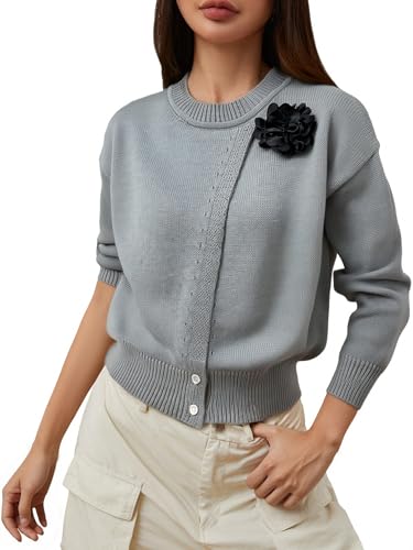 Women's 3D Floral Wrap Sweater Crew Neck Long Sleeve Knit Pullover Tops