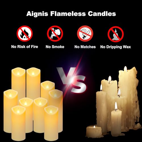 Image of Aignis 9pcs Flameless LED Candles Battery Operated with 10-Key Remote & Timer, Indoor Heat Resistant, 3D Wick with Warm Flickering Glow for Cozy Home /Wedding /Holiday Decor (D 2.2 inch x H 5 inch /6 inch /7 inch)