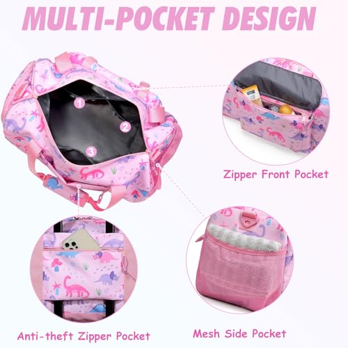 Kids Overnight Duffel Bags,Kasqo Girls Dance Bag Water Resistant Sports Gym Ballet Bag for Teens Sleepover Travel Bag Weekender Carry On Tote with Shoes Compartment Dry Wet Pocket,Pink Dinosaur4