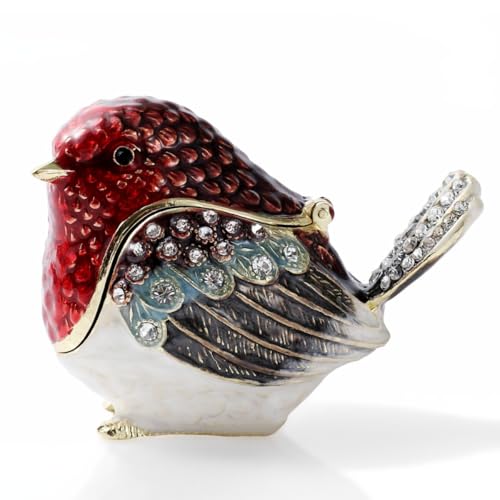 NIODAY Hand Painted Trinket Box Enamel Vintage Jewelry Box Hinged Metal Jewelry Organizer Decorative Treasure Box Unique Gifts Robin Bird