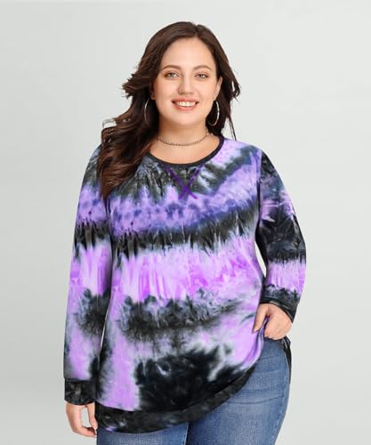 Image of CARCOS Plus Size Tops for Women Color Block Flower /Striped /Camo Crew Neck Long Sleeve Tee Shirt