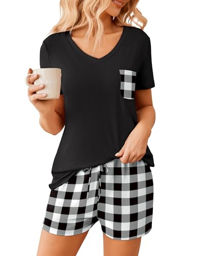 Image of Ekouaer Womens Pajama Sets Short Sleeve Pajamas for Women Sets Soft Lounge Sets Casual V Neck Sleepwear PJS