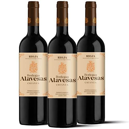 Bodegas Alavesas – Vino Tinto Crianza 2020 Denominación de Origen Calificada Rioja, Variedad Tempranillo, 12 meses en barrica – Caja de 3 botellas x 750 ml – Total: 2250 ml