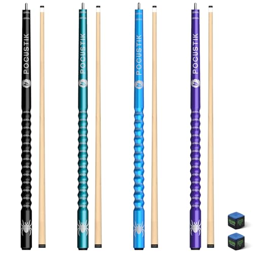 Pool Cues Set of 4, 58" 2-Piece Canadian Maple Billiard Sticks with Ergonomic Grip & 13mm Tip, Pro Pool Stick in 4 Colors & 4 Weights (18-21oz) for Home Bar, Incl 2 Chalks Purple+Blue+Teal+B