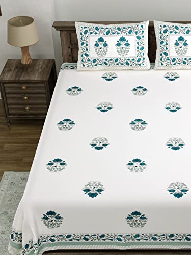 Image of LIVING ROOTS Jaipuri Hand Block Print Queen Cotton Bedsheet 86 * 96 Inches (7.1 * 8 Feet) with 2 Pillow Cover | 140 TC | Rich Fast Colour with No Colour Bleeding (202-A)