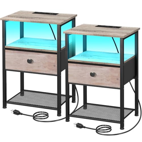 LOAKEKEL Nightstands Set of 2 with Charging Station, LED Night Stands with Fabric Drawer, Modern End...