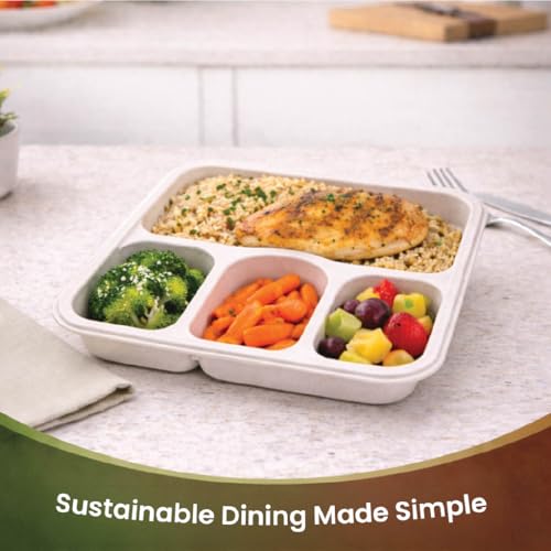 Image of Eco Bagasse 4 Compartment Meal Trays - Eco-Friendly Bagasse Disposable Plates - Strong Oil & Water Resistant Disposable Plates with Compartments for Parties, Catering & Events (Pack of 25)
