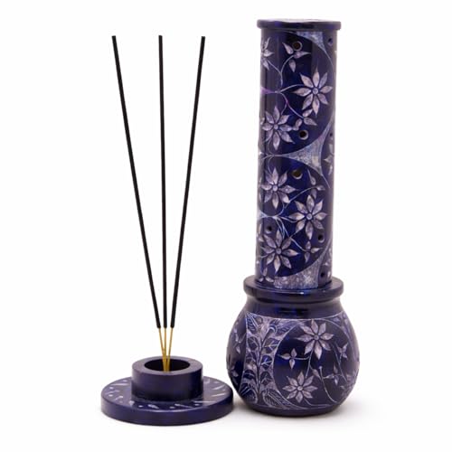 Image of Marble Soapstone Incense Holder, Blue, 3x3x10 Inches | Handmade, Round Carving, Candle Burner, Tea Light Holder, Decorative Home and Office Decor