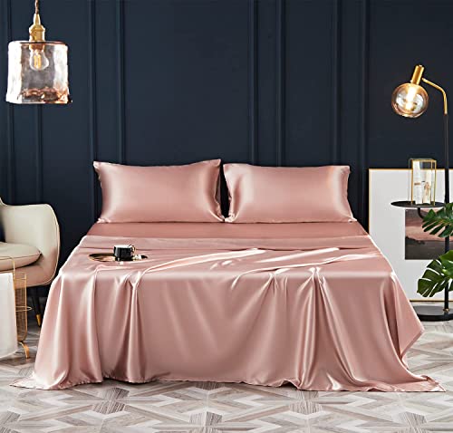 Koreyoshi 4 Pcs Satin Sheets Queen - Silk Silky Super Soft Extra Deep Pocket Queen Sheet Sets - Wrinkle & Fade Free - Deep Pocket Fitted Sheet, Flat Sheet, Pillow Cases (Queen, Pink Champagne) #TOP1