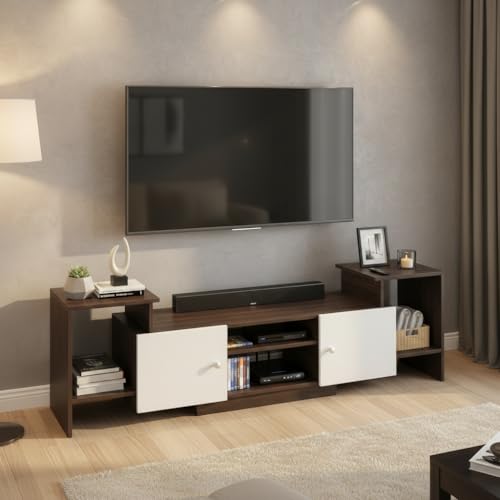 Image of FURNEASER Eptimal Engineered Wood TV Entertainment Unit for 75 Inch TV | Floor TV Stand & Cabinet with Shelves and Doors | Modern TV Unit (Wenge & White)
