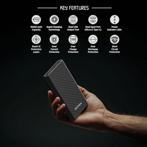 Image of Intex Core 10K Poly 10000mAh Power Bank | 12W, Dual USB Output | Type-C & Micro Input | LED Indicator | Smart IC Protection | Portable Slim Power Bank for Mobile (Black)