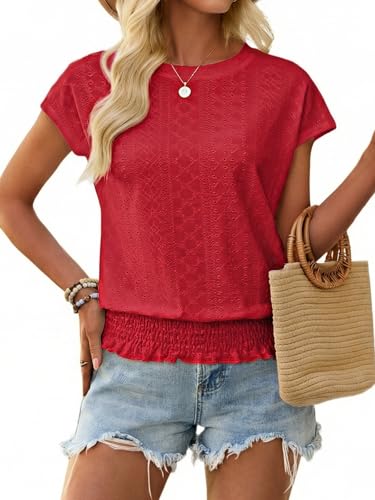Image of Women's Summer Short Sleeve Eyelet Tops Daily Casual Crewneck T Shirts Elastic Waist Smocked Blouses
