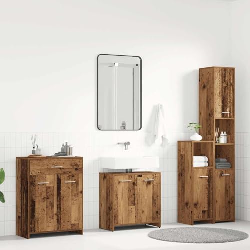 Hommdiy 4-TLG. Badmöbel-Set Badezimmerschrank Komplettset Badezimmermöbel Set Altholz-Optik Holzwerkstoff