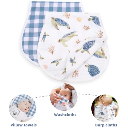 Image of LifeTree Muslin Baby Burp Cloths - 2 Pack 70% Viscose from Bamboo and 30% Cotton Large 22'' by 10.6'' Absorbent Milk Spit Up Rags - Burping Cloths for Newborn, Girls Boys, Sea Turtle & Blue Checkered