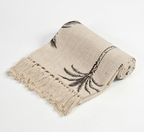 Image of Palm Tree Print Cotton Throw Blanket | Soft Lightweight Decorative Sofa & Bed Throw with Tassels | Beige & Black Woven Tropical Design, 125x150 cm (50x60 Inches)
