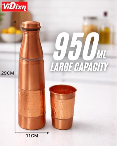 Image of Pure Copper Water Bottle 950ml - Ayurvedic Leak-Proof Copper Bottle for Drinking Water - Handcrafted Mandala Design - BPA-Free & Eco-Friendly - Improves Immunity & Digestion (With Glass)