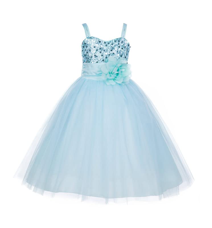 Image of Ripening Baby Girls Sweetheart Net A-Line Floor-Length Gown Sky Blue Sequin Prom Dresses for Kids Wear