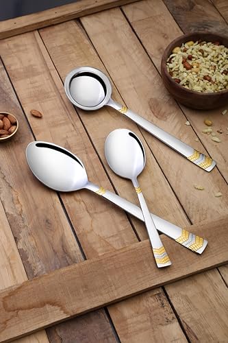 Image of FnS 3 Pcs Stainless Steel Serving Spoon Set | 24 Karat Gold Plated | 1 Large Serving Spoon, 1 Large Veg Serving Spoon & 1 Ladle | Kitchen Serving Utensils for Home, Dining, Restaurant & Hotel (Raga)