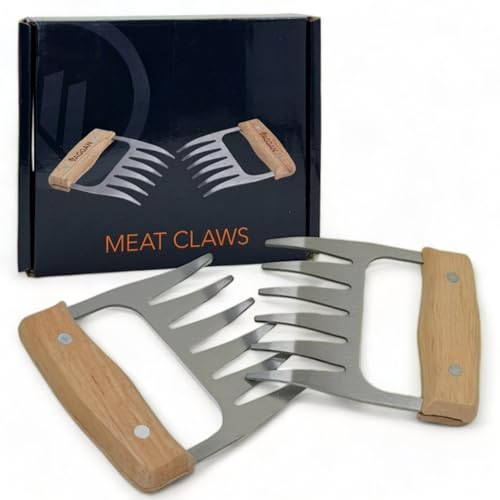 MIJOMA Premium 2 Stück Set Edelstahl Pulled Pork Krallen - Fleischzerkleinerer mit Holzgriff - Ideal für amerikanisches BBQ, Grillfeste und Küchenhelfer - Sicher und leicht handhabbar - 11 x 12 cm