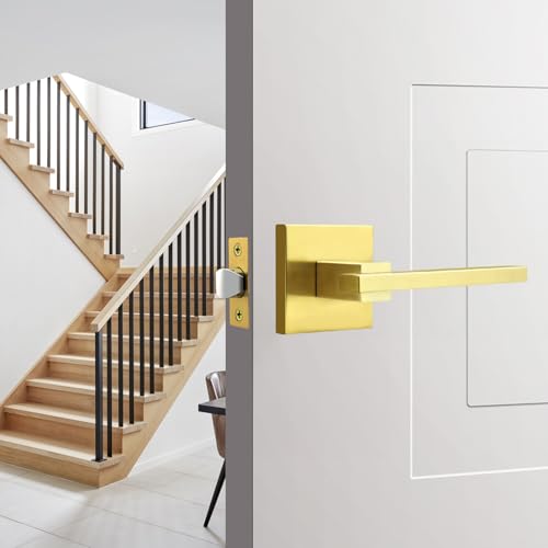 Image of Orger 1 Pack Gold Square Passage Door Handle, Non-Locking Door Lock, Door Lever for Closet and Hallway