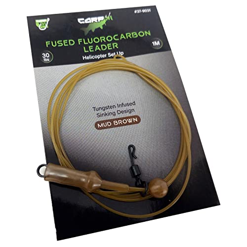 CARP ON - 1m/100cm 30lb CARP LEADER Line - Tungsten Infused Fluorocarbon Quick Link Swivel - Sinking Design - (Basic + Helicopter & Upper Beads, Camo Brown) [37-9031]
