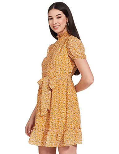 Image of FabAlley Women's Georgette Skater Regular Yellow Floral Belted High Neck Dress