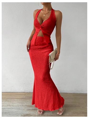 Image of SOLY HUX Women's Two Piece Outfits Twist Front Halter Cami Tops and Skirt Summer Set