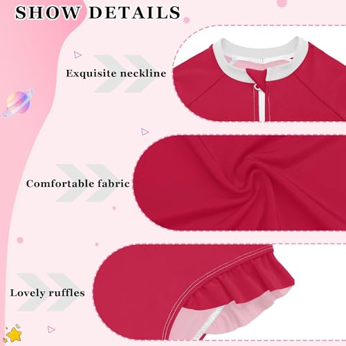 Plain Cherry Red Baby Girl Bathing Suit Long Sleeve UPF 50+ One Piece Toddler Swimsuit Size 4t3