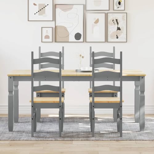 Homgoday Juego de Comedor Panama 5 pzas Madera Maciza de Pino Gris Conjunto Mesa y sillas de Comedor, sillas Comedor, Set Muebles de Cocina para el Hogar, la Oficina y el Café Longitud180 cm