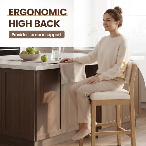 Image of CIMOTA 26 inch H Counter Height Bar Stool, Wooden Bar Stool with Backrest, Linen Upholstered Kitchen Island Stools, 330LBS Load Bar Chair for Kitchen, Cafe, Restaurant