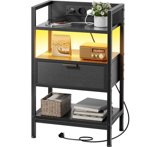 HLONONE Nachttisch mit Ladestation & LED, Beistelltisch mit Holzschublade & 3-stufiger Regalen, Nachtschrank mit Steckdosen & USB-Anschlüssen, für Schlafzimmer, Wohnzimmer, 30 x 44 x 70.5 cm, Schwarz HLONONE Nachttisch mit Ladestation & LED, Beistelltisch mit Holzschublade & 3-stufiger Regalen, Nachtschrank mit Steckdosen & USB-Anschlüssen, für Schlafzimmer, Wohnzimmer, 30 x 44 x 70.5 cm, Schwarz