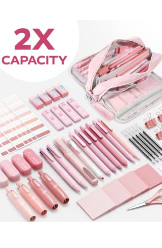 Image of Four Candies Aesthetic School Supplies Gel Pens with Black Correction Tapes, Pastel Highlighters, Mechanical Pencils, Sticky Notes, Bible Study Supplies, Stationery with Case, Pink
