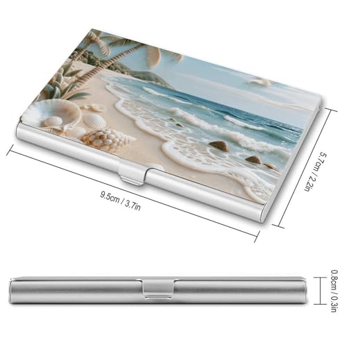 Slim Business Card Case for Men & Women, Pocket Metal Case, Shell - Carving Beach Professional Aluminum Alloy Business Card Holders, Stylish Purse Name Cards Holder, Buckle Style Shut2
