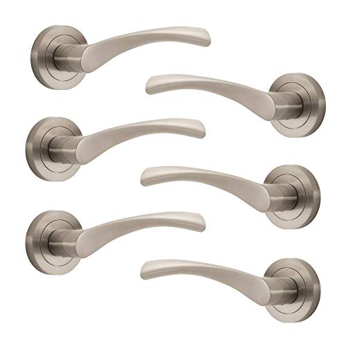Designer Levers - Marvel Lever on Rose Door Handle - Contemporary Design- Brushed Nickel - 3 Pairs - Fixings Included - Interior Use