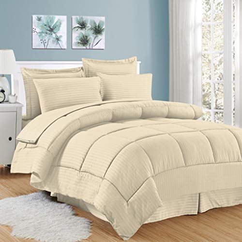 Image of Sweet Home Collection 8 Piece Bed In A Bag with Dobby Stripe Comforter, Sheet Set, Bed Skirt, and Sham Set - King - Beige