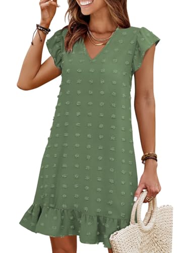 Image of QACOHU Spring Summer Dresses for Women 2026 V Neck Cap Sleeve Ruffle Hem Smock Short Casual Beach Dress