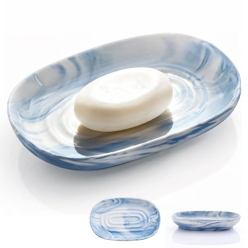 Seifenschale Keramik, Anti-Rutsch Seifenschale Marmor, Seifenablage Waschbecken, Seifenhalter, Seifenteller für Badezimmer, Dusche und Küche (Blau)