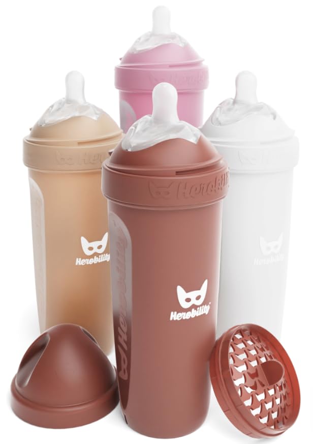 Herobility Double Anti-Colic Baby Bottles – 12 fl oz/340ml – 4-Pack – Multicolor - Sand, Woodchuck, Pink, White