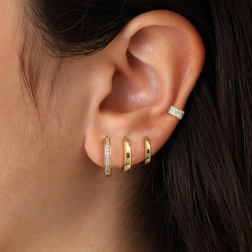 Image of 4Pairs Statement Gold Hoop Earrings for Women Trendy,Surgical Steel Gold Plated Hoop Hypoallergenic Earrings Set,Titanium Hoops Earring Stacks,CZ Cartilage Huggie Hoops Earring Gifts for Girlfriend