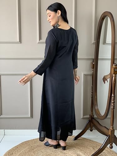 Image of Naixa Women's Silk Chifon Embroidered Flared Kurta with Pant and Dupatta Set