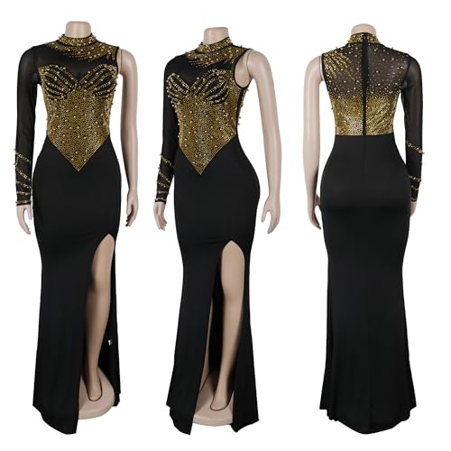 Image of Jigfar Women Sexy Elegant Rhinestone Mesh See Through Party Club Night Split Bodycon Formal Maxi Dress