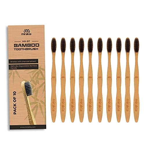 Mirakia Bamboo Charcoal Toothbrush Natural Wooden ECO Friendly Toothbrush For Adults, Kids with Soft Medium Bristles(Pack of 10)