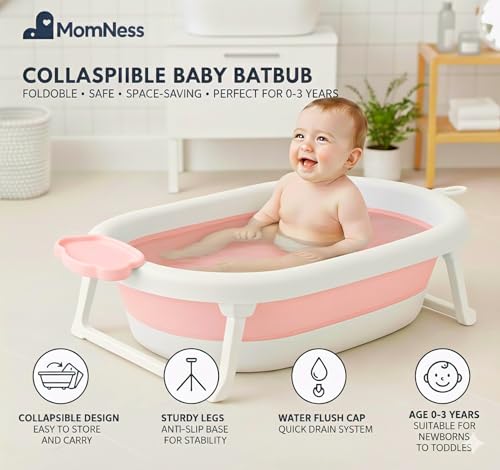 Image of Foldable Baby Bathtub for 0-3 Years | Collapsible Portable Bath Tub with Soap Holder & Drain Plug | Non-Slip Legs, Heat Retention Design, BPA-Free Safe Material (Pink)