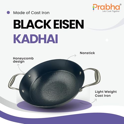Image of Prabha Induction Base Kadhai 2.4 Litre | Non Stick Black Eisen Cast Iron IB Kadai 24 cm | Cooking Kadai for Deep Frying | Gas & Induction Bottom | Cookware kadai with Steel Handle (Black)