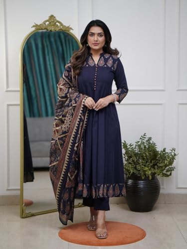 Image of GoSriKi Women's Rayon Viscose Anarkali Printed Kurta Pant with Dupatta | Anarkali Kurta Set for Women | Flared Kurti Pant Set | Ethnic Printed Suit for Women