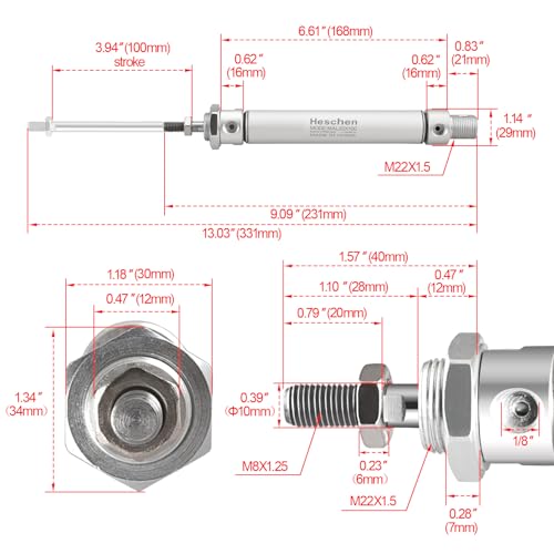 Heschen Pneumatischer Schlanker Luftzylinder, MAL 20-100, PT1/8’’ Anschluss, 20mm Bohrung, 100mm Hub, Doppelt Wirkend