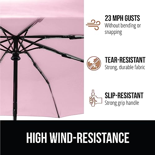 Image of GORILLA GRIP Compact Travel Size Umbrella for Rain, Sleek Design Fits Backpack, Purse and Carry On, Lightweight Under 1lb, One Click Open and Close, Wind Resistant, Durable Waterproof Quick Dry, Pink