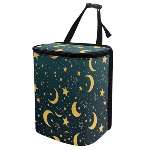 Image of Car Trash Can with Lid Storage Pockets for Disposable Garbage Bag, Multipurpose Collapsible Car Organizer, Moon Star Print