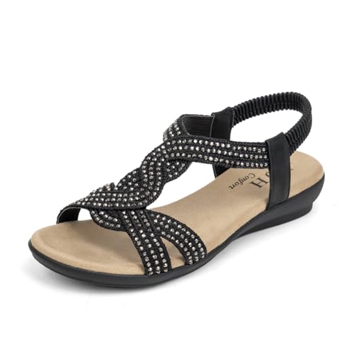 VJH confort Women's Flat Sandals Rhinestone Stretchy Strap Low Wedge Comfy Dressy Walking Sandals
