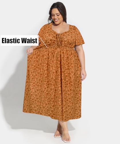 Image of CARCOS Plus Size Dresses for Curvy Women Tie Sweetheart Neck Summer Maxi Dress Short Sleeve Empire Waist Floral Boho Dress
